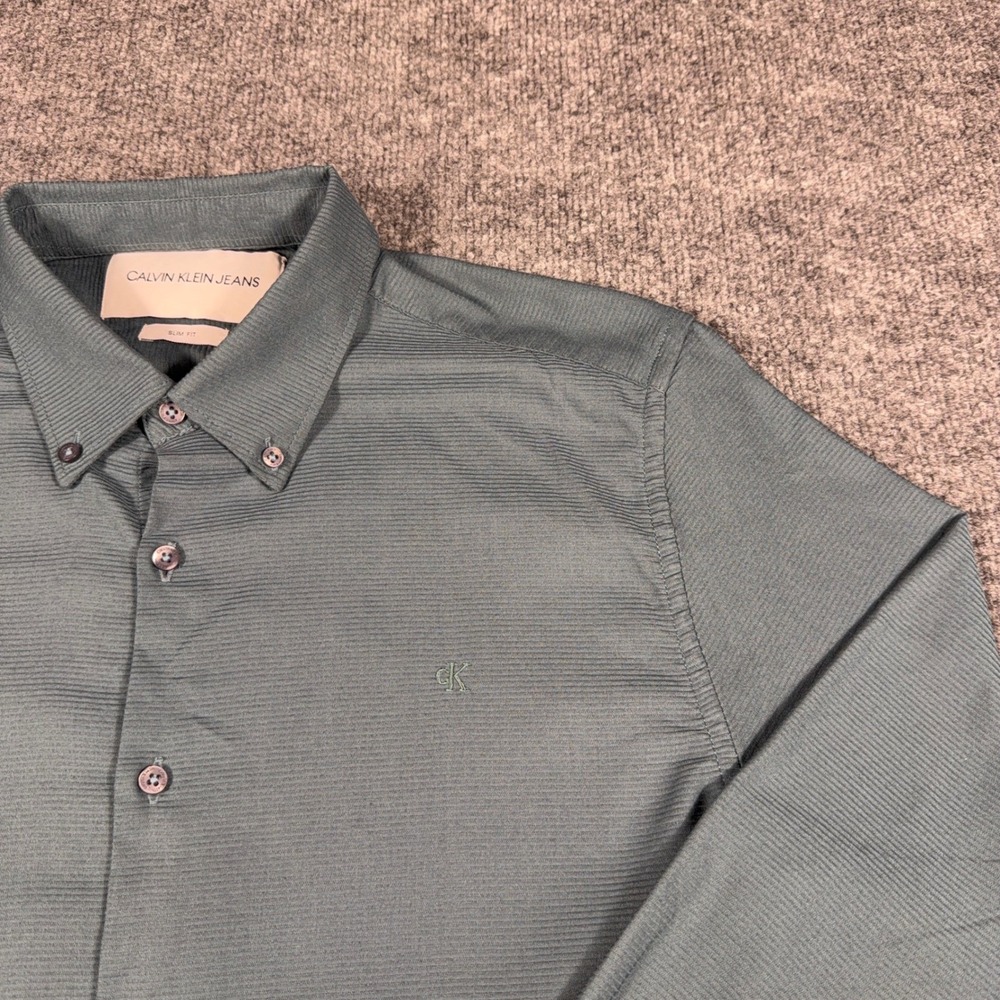 Calvin Klein Jeans Mens Slim Fit Ribbed Button Down Shirt Slate Blue Green Med
